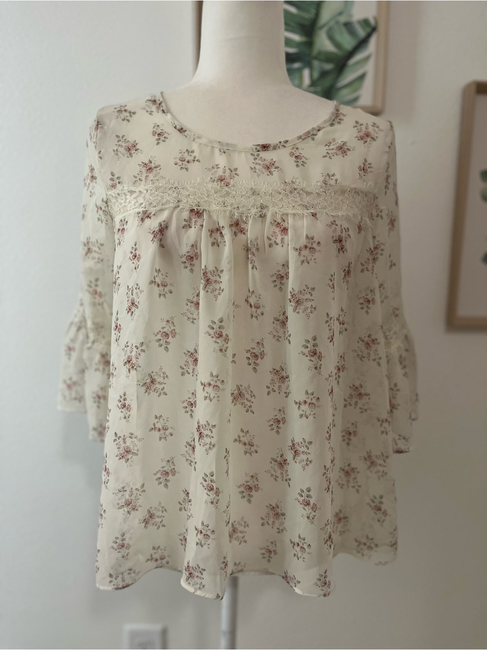 Floral Lace Sheer 3/4 Sleeve Blouse, White / XS